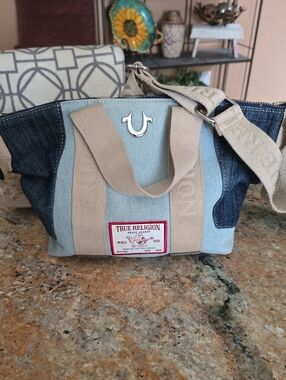 True Religion Two-Tone Denim Messenger Shoulder Bag Purse in Light Blue and Tan